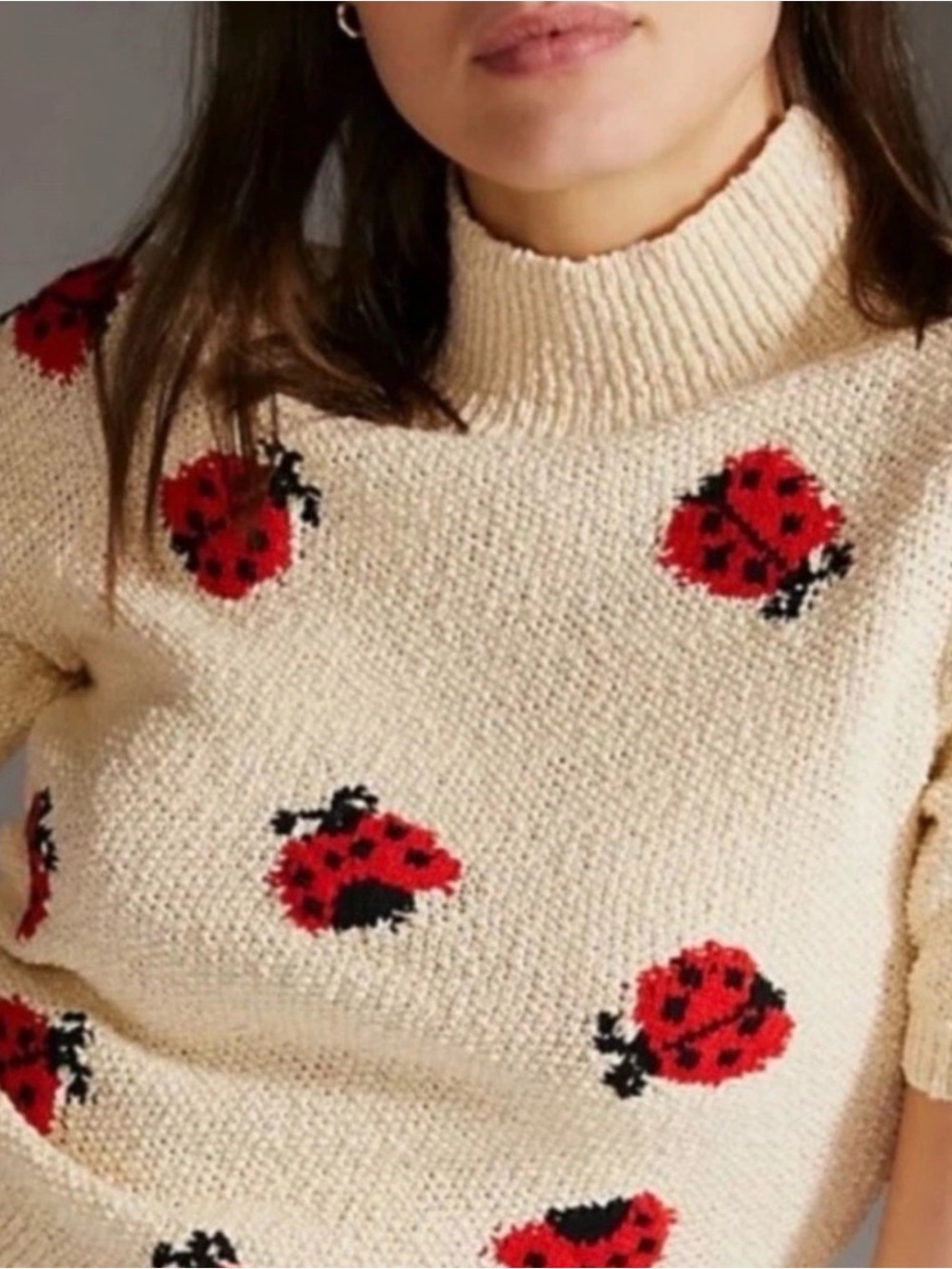 Anthropologie Maeve Cream Ladybug Short-Sleeve Turtleneck Sweater - Picture 2 of 7